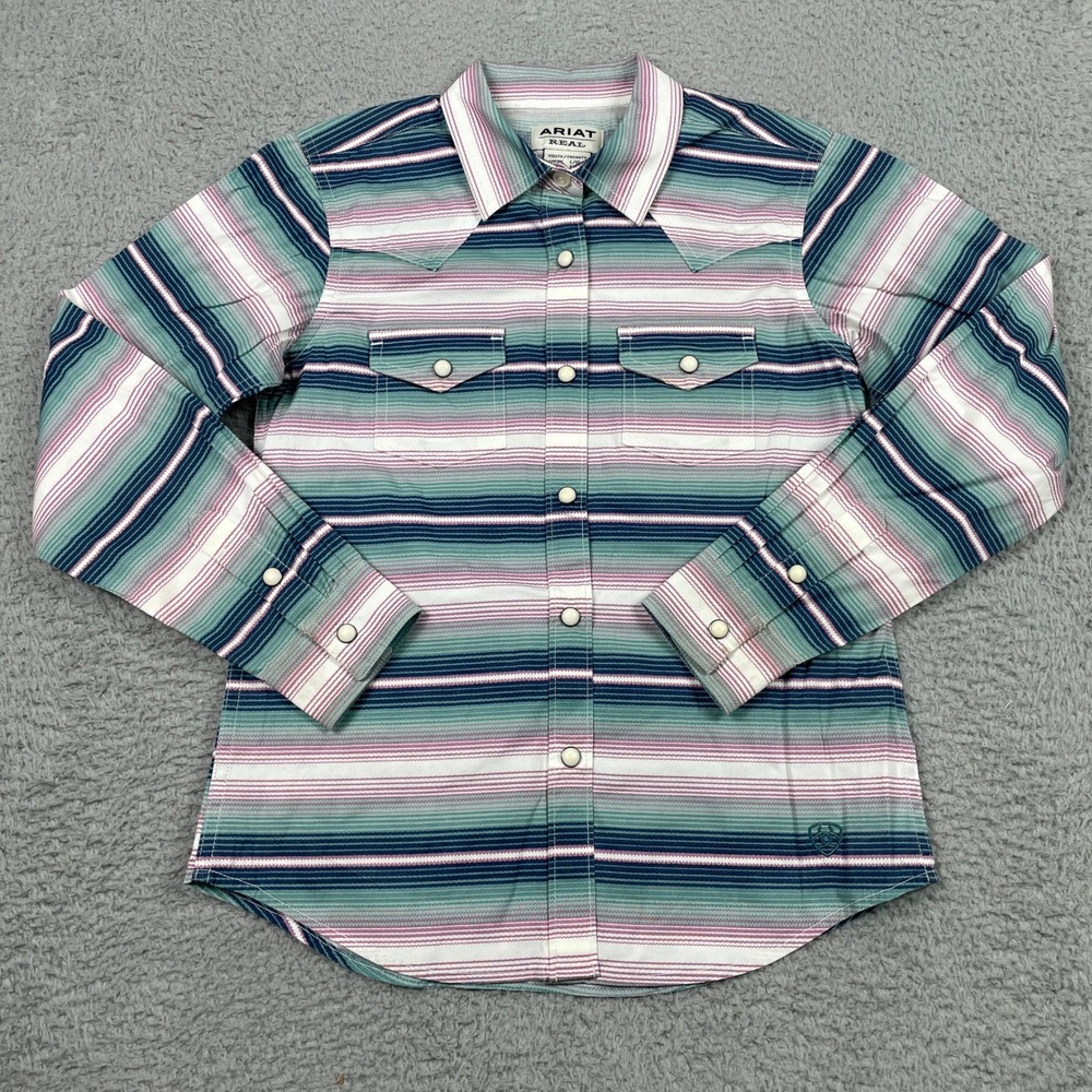 Ariat Real Downstream Western Snap Shirt Girls Large 12 Teal Purple Stripe